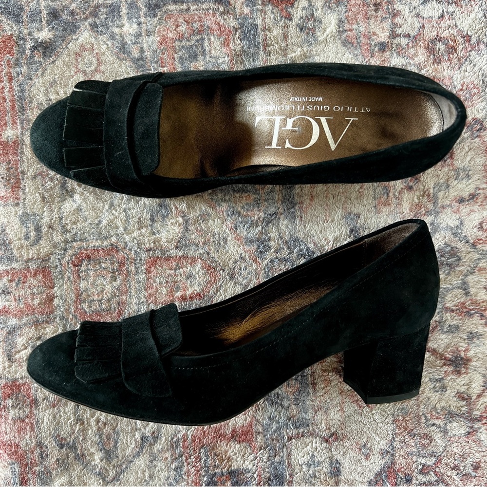 ATTILIO GUISTI LEOMBRUNI Vintage Chic Black Suede Block Heel Fringe Loafers